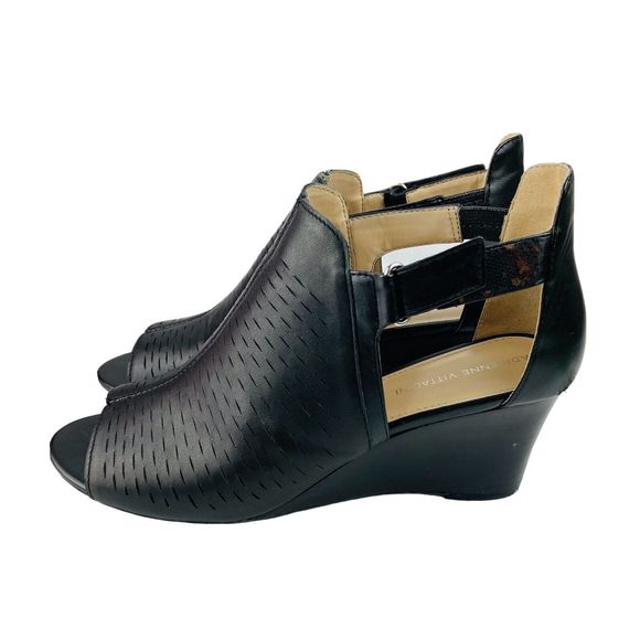 Adrienne Vittadin Black Leather Wedge Heel Open Toe Bootie Sandal Shoes US 9.5M - Picture 6 of 16